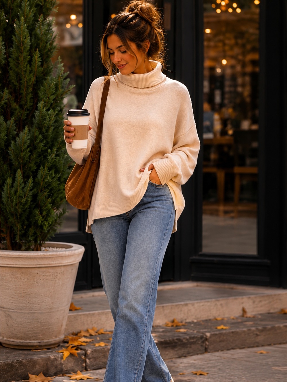 Viscose Nylon Blend Cream Turtleneck Oversized Sweater S Cozy Winter Minimalist